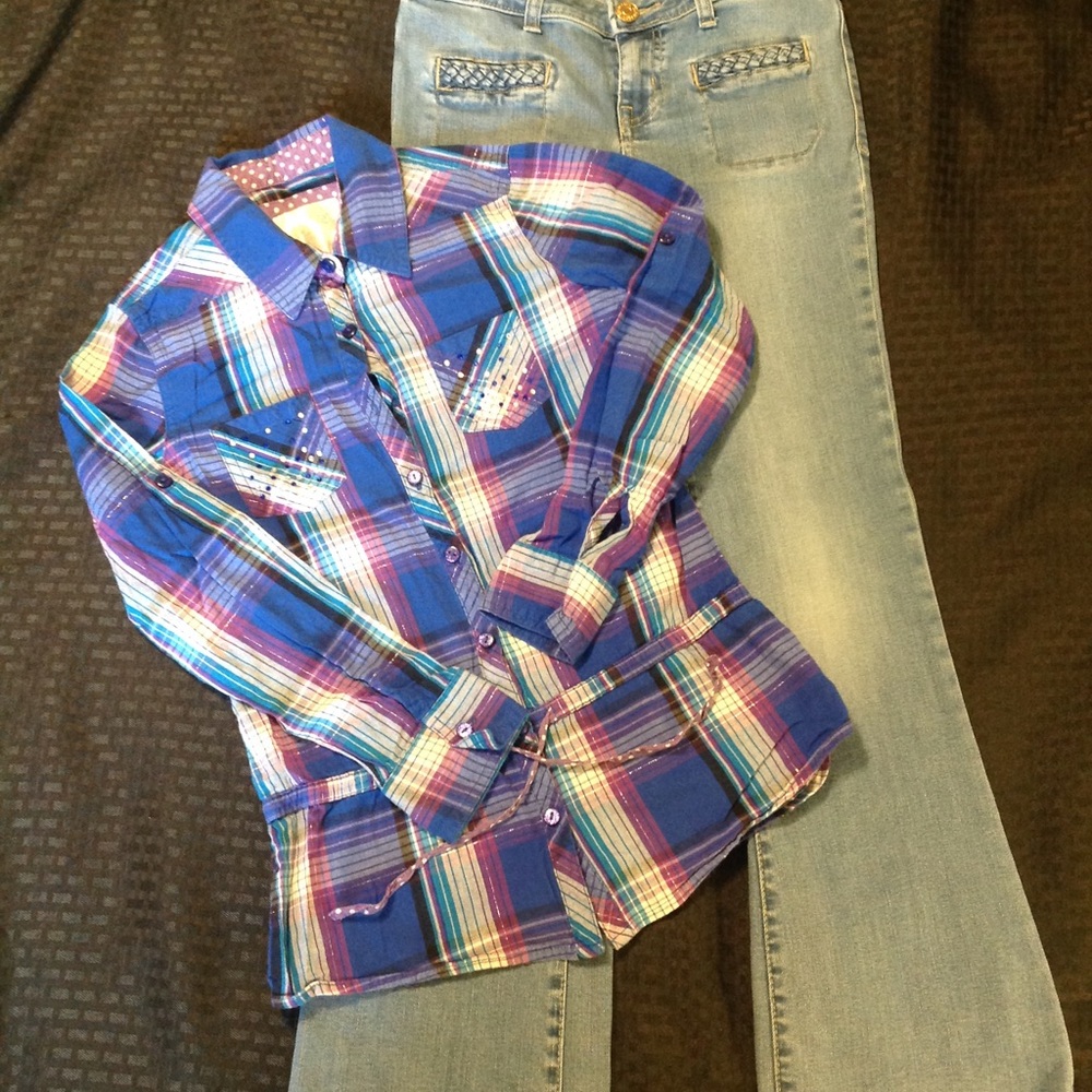 Girls plaid justice top with jeans
